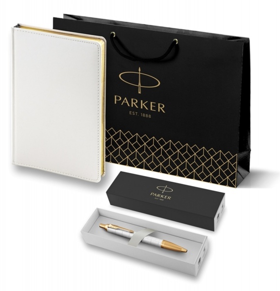 Подарочный набор: Ручка шариковая Parker IM Premium K318 Pearl GT, цвет чернил синий и белый недатированный ежедневник с золотым срезом