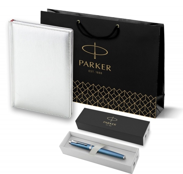 Подарочный набор: Ручка роллер Parker IM Premium T318 Blue Grey CT, цвет чернил черный и  ежедневник серебристого цвета