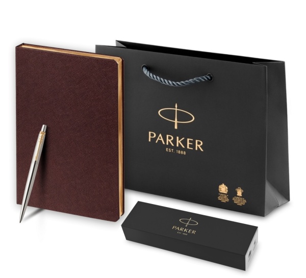 Подарочный набор: Шариковая ручка Parker Jotter Essential, St. Steel GT, стержень: Mblue и Ежедневник недатированный коричневый