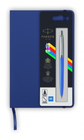 Подарочный набор: Шариковая ручка Parker Jotter ORIGINALS BLUE CT, стержень: Mblue В БЛИСТЕРЕ и блокнот ярко-синего цвета