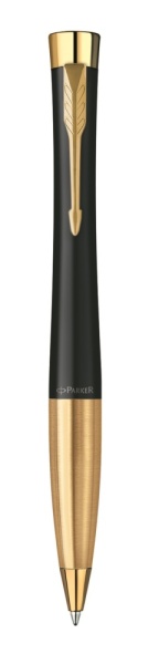 Шариковая ручка Parker Urban (матовый черный лак) Muted Black Gold Finish Trim, стержень: M, цвет чернил: blue, в подарочной упаковке.