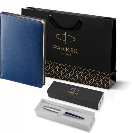 Подарочный набор: Шариковая ручка Parker Jotter Essential, Royal Blue CT, стержень: Mblue и Ежедневник синий недатированный