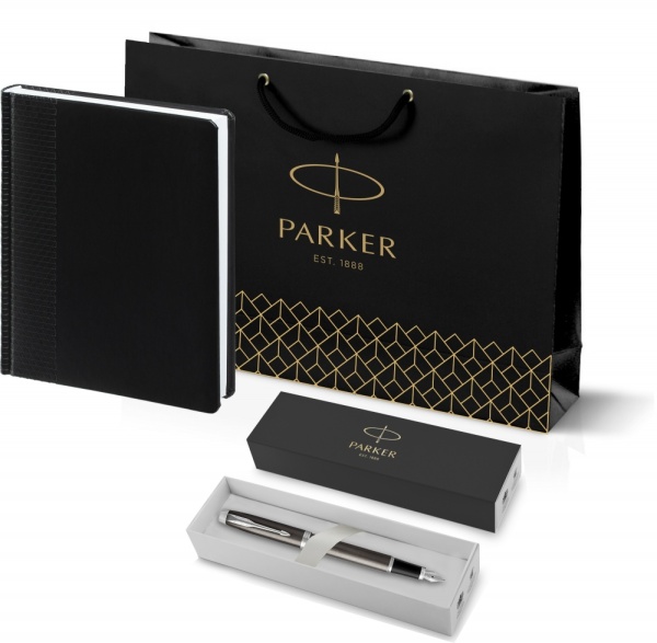 Подарочный набор: Перьевая ручка Parker IM Metal, F221, цвет: Black GT, перо: M и Ежедневник недатированный черный