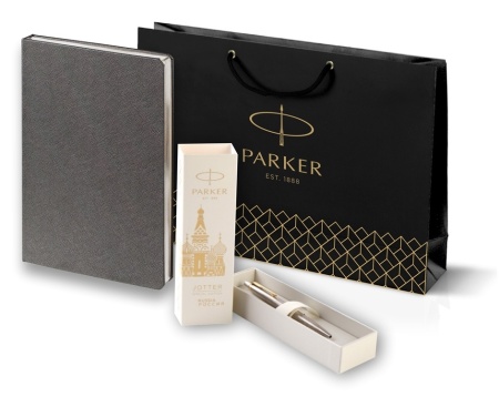 Подарочный набор: Шариковая ручка Parker Jotter Russia Steel GT и Ежедневник недатированный серый