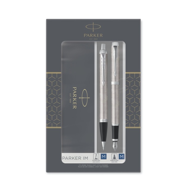 Набор из 2х ручек в подарочной коробке Parker IM "Duo" Stainless Steel CT;.  Шариковая и перьевая ручка.