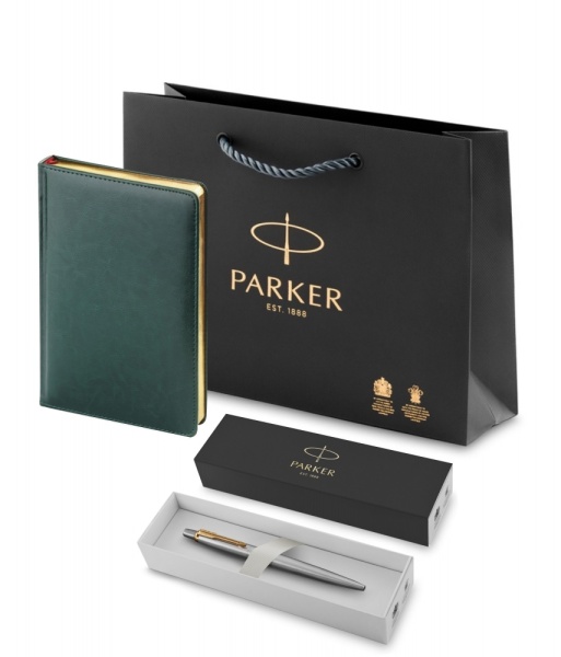 Подарочный набор Parker: темно-зеленый ежедневник с золотыми страницами и шариковая ручка Jotter Essential, стержень синего цвета