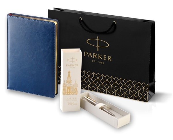 Подарочный набор: Шариковая ручка Parker Jotter Russia  Steel GT и Ежедневник синий недатированный