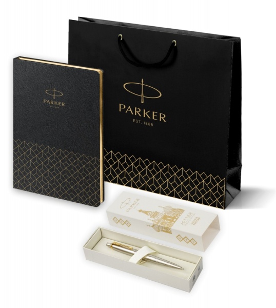 Подарочный набор: Шариковая ручка Parker Jotter Russia SE, цвет: St. Steel GT и Ежедневник  недатированный, чёрный
