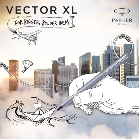 Ручка-роллер Parker Vector XL Silver Blue CT, цвет чернил black, стержень: F, в подарочной упаковке.
