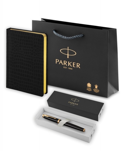 Подарочный набор: Перьевая ручка Parker IM Metal Black GT (глянцевый черный лак) и Ежедневник недатированный А5 черный