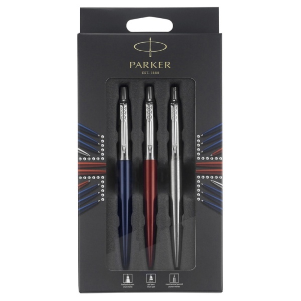 Подарочный набор Parker Jotter London Trio: гелевая ручка Red CT + шариковая ручка Blue CT + карандаш Stainless Steel CT и Ежедневник недатир.триколор