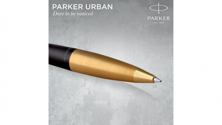 Шариковая ручка Parker Urban (матовый черный лак) Muted Black Gold Finish Trim, стержень: M, цвет чернил: blue, в подарочной упаковке.