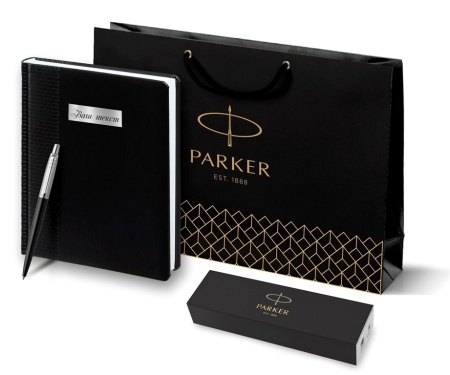 Подарочный набор Parker: Ежедневник черный из эко-кожи с тиснением и ручка шариковая Jotter Essential Satin Black CT, корпус черного цвета