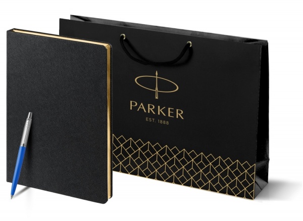 Подарочный набор: Шариковая ручка Parker Jotter ORIGINALS BLUE CT, стержень: Mblue  и Ежедневник недатированный черный с золотистым с
