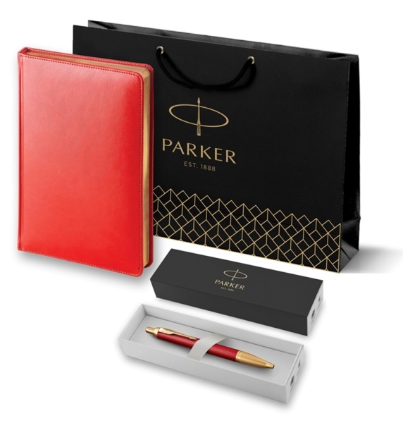 Подарочный набор: Шариковая ручка Parker IM Premium K318 Red GT, цвет чернил синий и красный недатированный ежедневник с золотым срезом