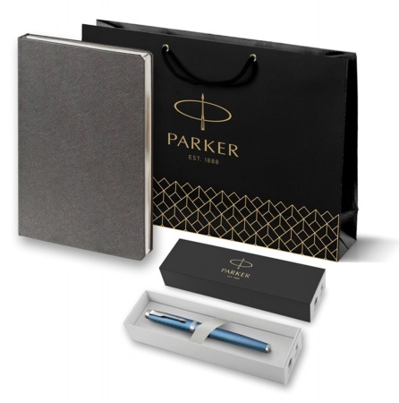 Подарочный набор: Ручка роллер Parker IM Premium T318 Blue Grey CT, цвет чернил черный и  ежедневник серебристого цвета