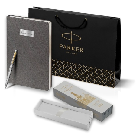 Подарочный набор: Шариковая ручка Parker Jotter Russia Steel GT и Ежедневник недатированный серый