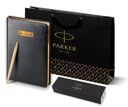 Подарочный набор Parker: Ежедневник черного цвета с золотистым срезом и шариковая ручка Parker Jotter XL YellowGold