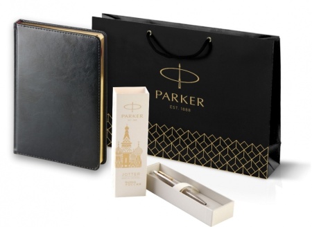 Подарочный набор: Шариковая ручка Parker Jotter Russia Steel GT и Ежедневник недатированный черный золотой срез